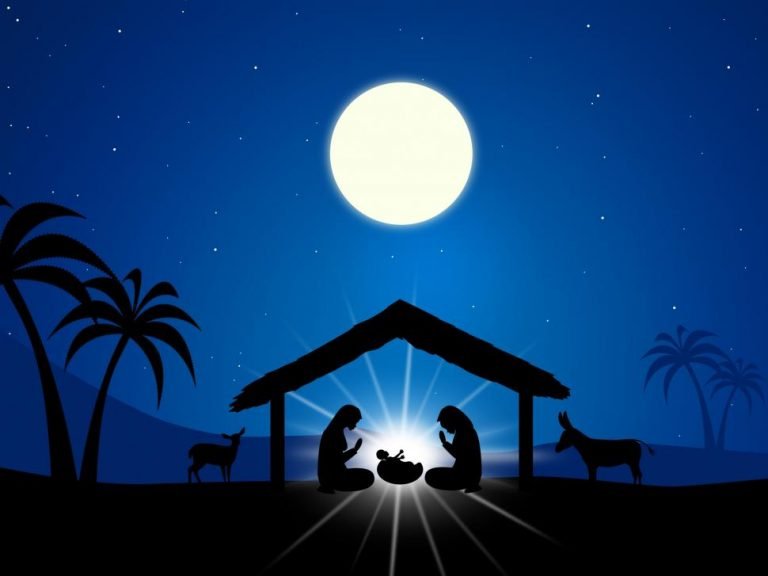 simple manger scene with Joseph, Mary, Jesus deep blue sky, black silhouette bright white focused on Jesus