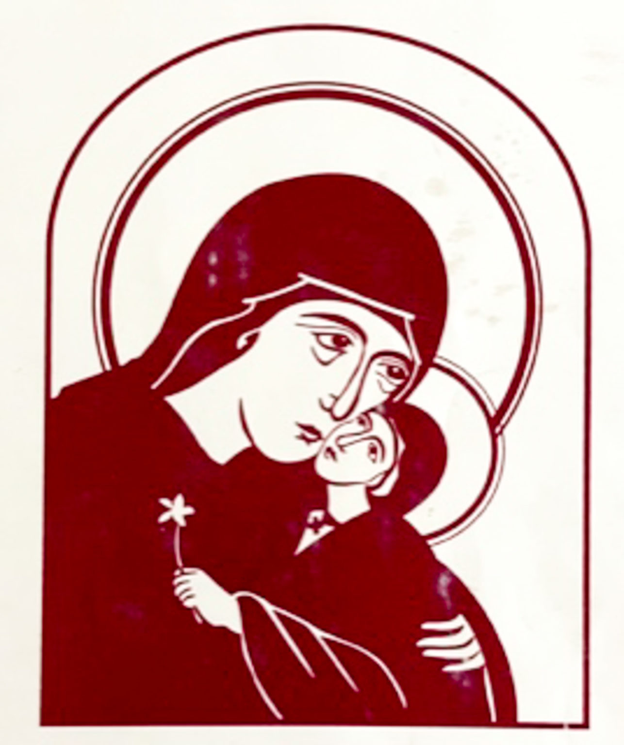 St. Anne hugging young daughter Mary, mother of Jesus. Woodcut image maroon on white
