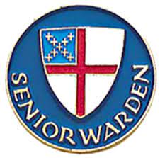 Senior Warden Pin blue background gold lettering and Episcopal Shield.