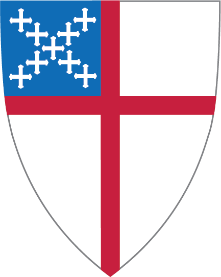 The Episcopal Shield with a white shield with a red cross filling the space from top to bottom. In the upper left quadrant, there is a blue background with a series of nine small white crosses, make an "X" that fills the space