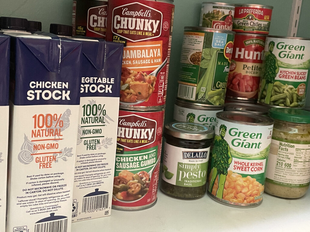 Canned and boxed goods from food pantry