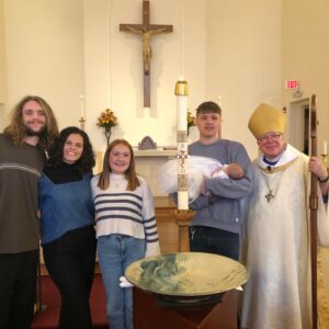 Adalynn, with parents, Godparents and Bp. Doug